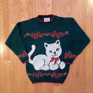 Green Sweater With Cat Motif l Girls Size M 10/12
